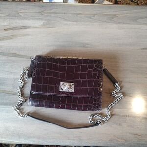 Brighton Brown Burgundy Crocodile-Embossed Clutch with Ornate Frame